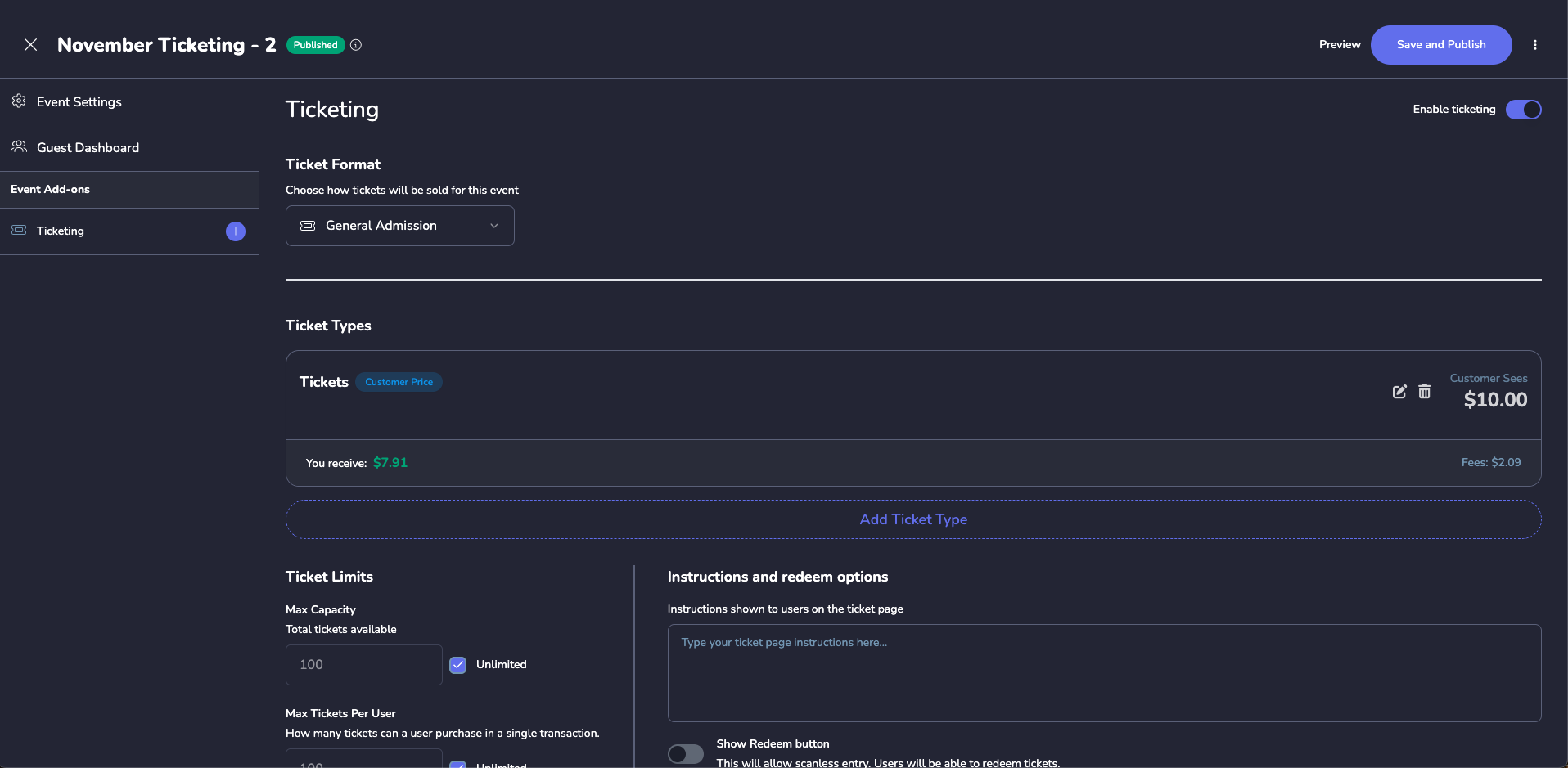 Vega Ticketing admin interface showing ticket types and pricing